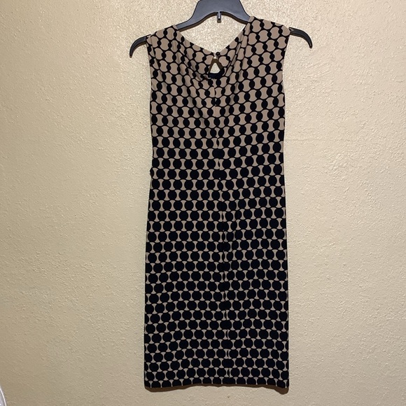 Connected Apparel Dress 8 Stretchy Tan Black Navy Pull Over Ruched Dots - Picture 11 of 16